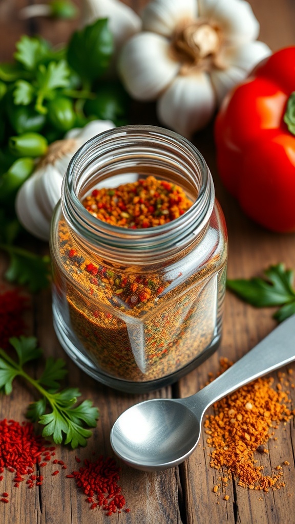 A jar of chicken seasoning with garlic and paprika on a wooden table.